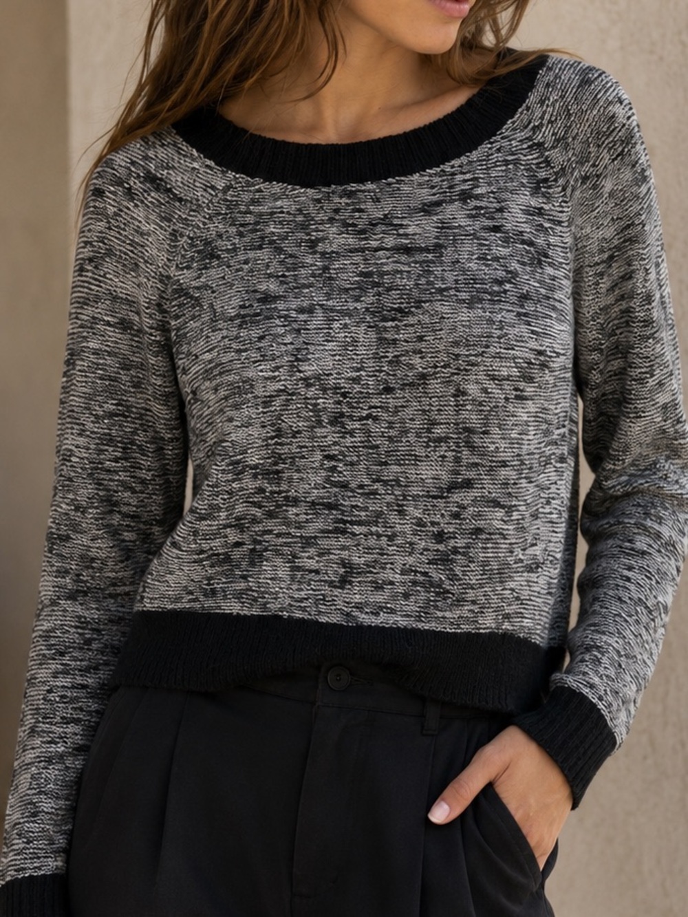 Eileen Fisher Linen Blend Cropped Sweater Marled Knit Crewneck Lightweight
